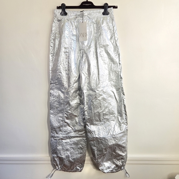 New Zara Shiny Metallic Silver Parachute Mid Rise Pants Trousers 8338/405 NWT XS - Picture 10 of 12